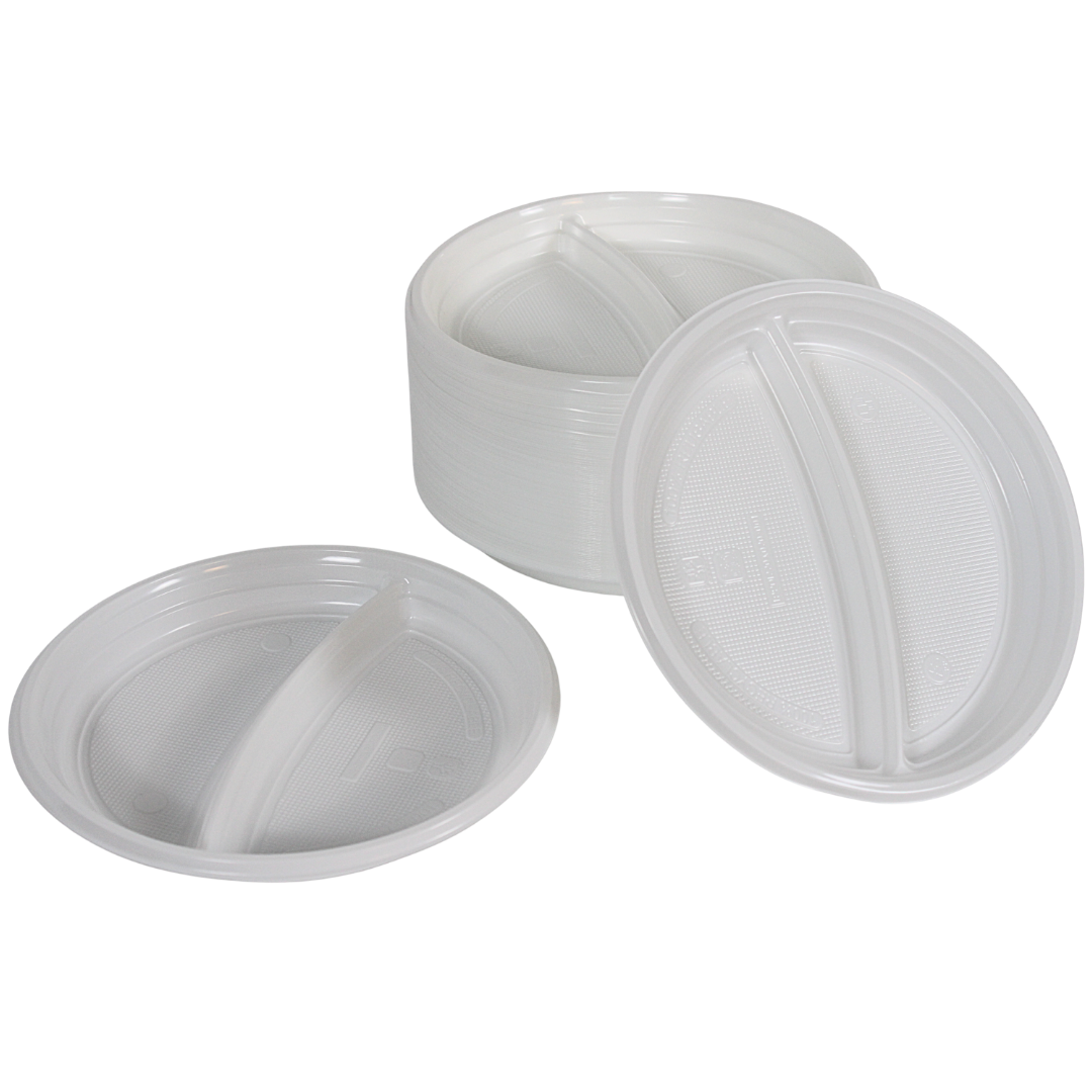 Assiette Plastique Réutilisable PP Blanche 22cm 2 Compartiments – Incassable Lave-vaisselle | 100 Pièces