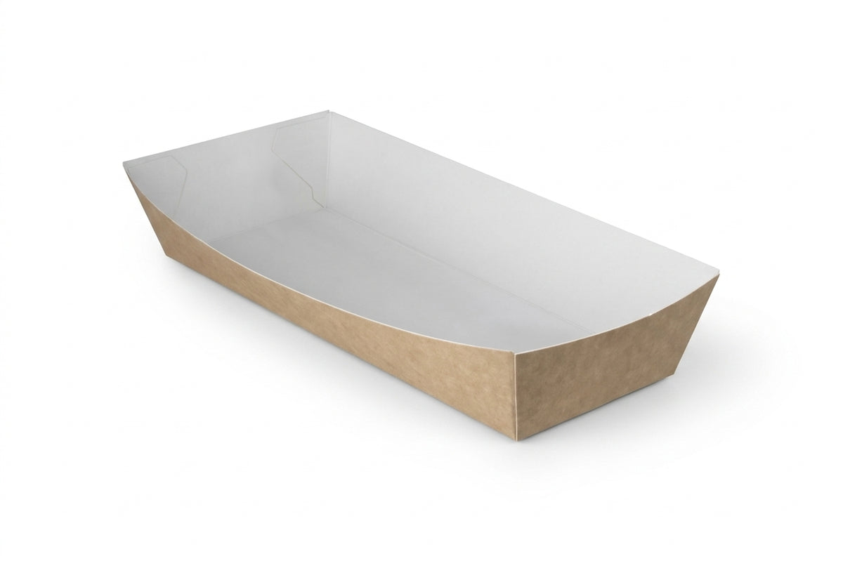 Frikandelbakjes Breed, Snackbakje A18 Karton Kraft/Wit – 185 × 65 × 35 mm