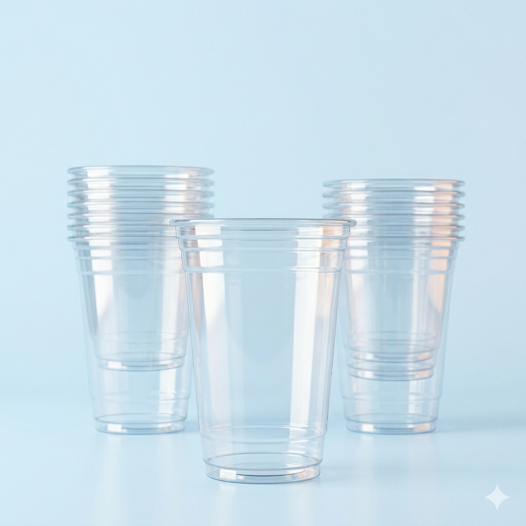 Gestapelde doorzichtige drinkbekers met blauwe achtergrond