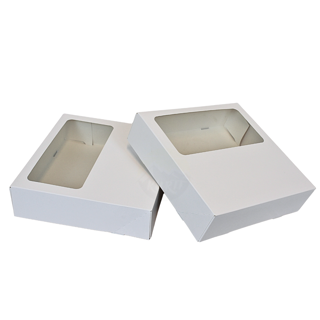 Gebaksdoos met venster wit 19x19x5 cm – 300 stuks | Doos voor 4 gebakjes & bento cake