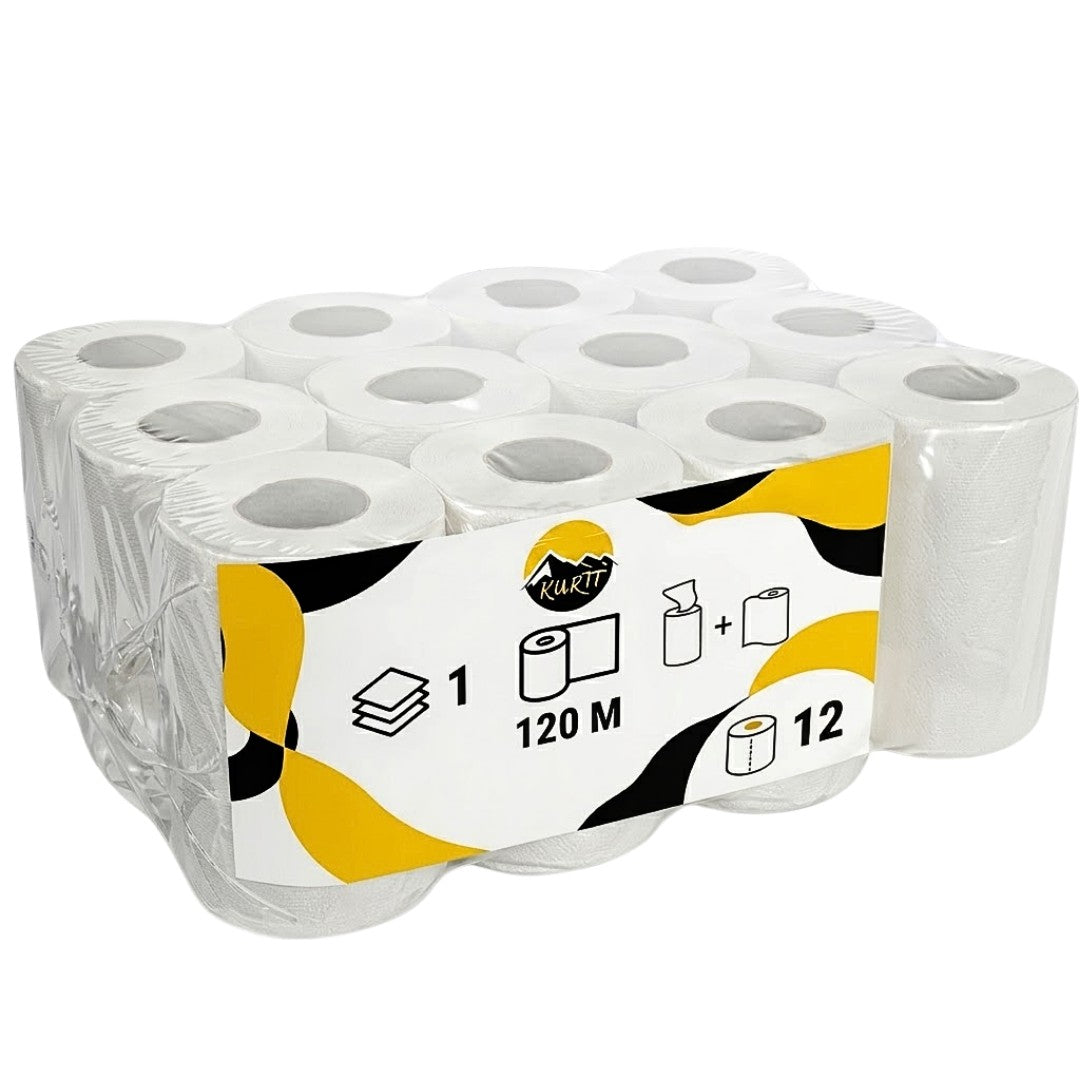 KURTT Bobine Essuyage Mini 1 Pli Cellulose Blanc 120m Centerfeed – 12 Rouleaux | Distributeur Cuisine Bureau Sanitaire