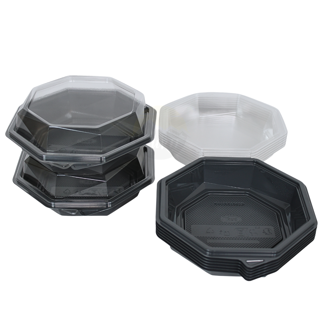 Barquettes APET Octaview Grises 160x60mm avec Couvercle 400ml | 60 Pièces | Tapas Antipasti Desserts