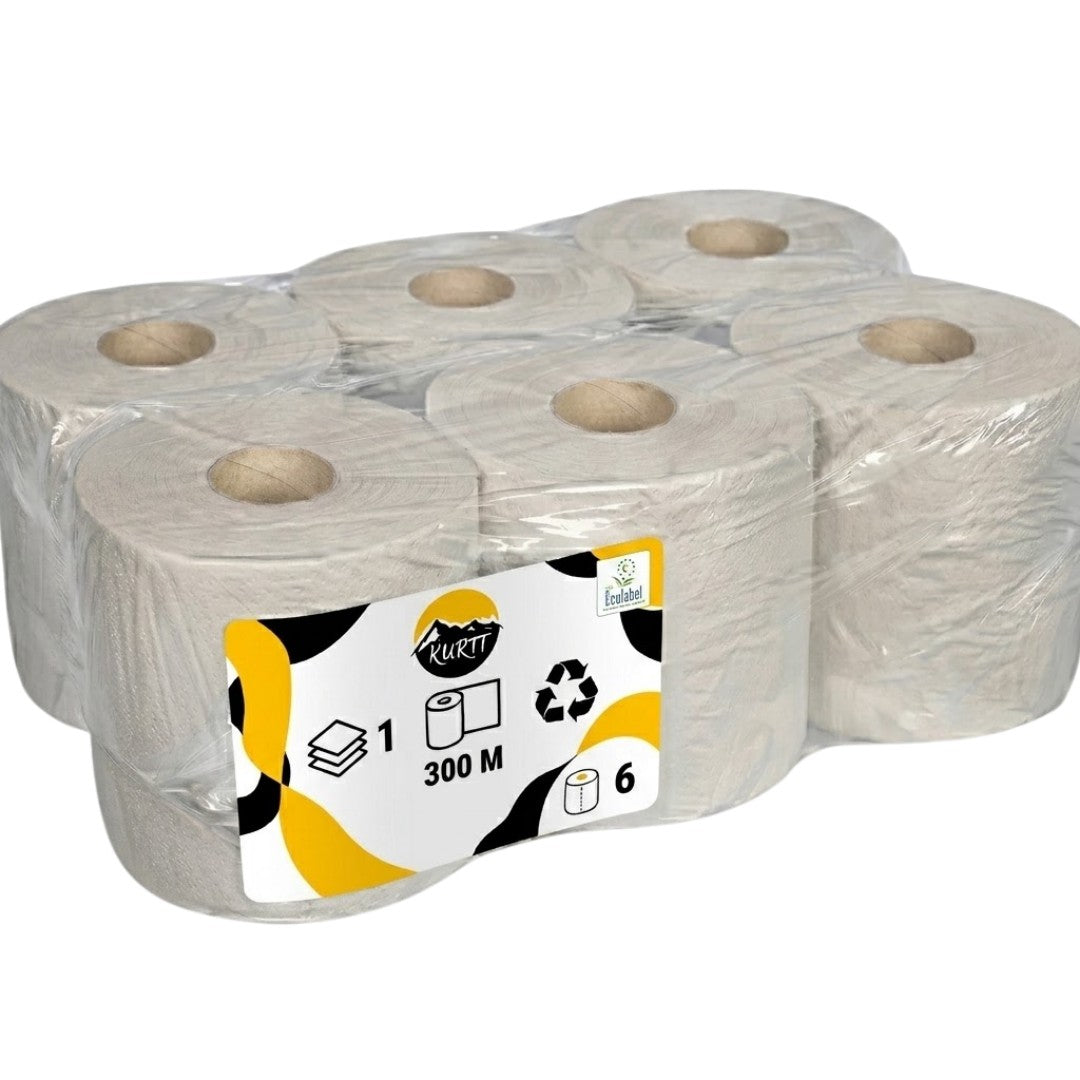 KURTT Bobine Essuyage Midi Gris 1 Pli Recyclé 300m Centerfeed 6 Rouleaux