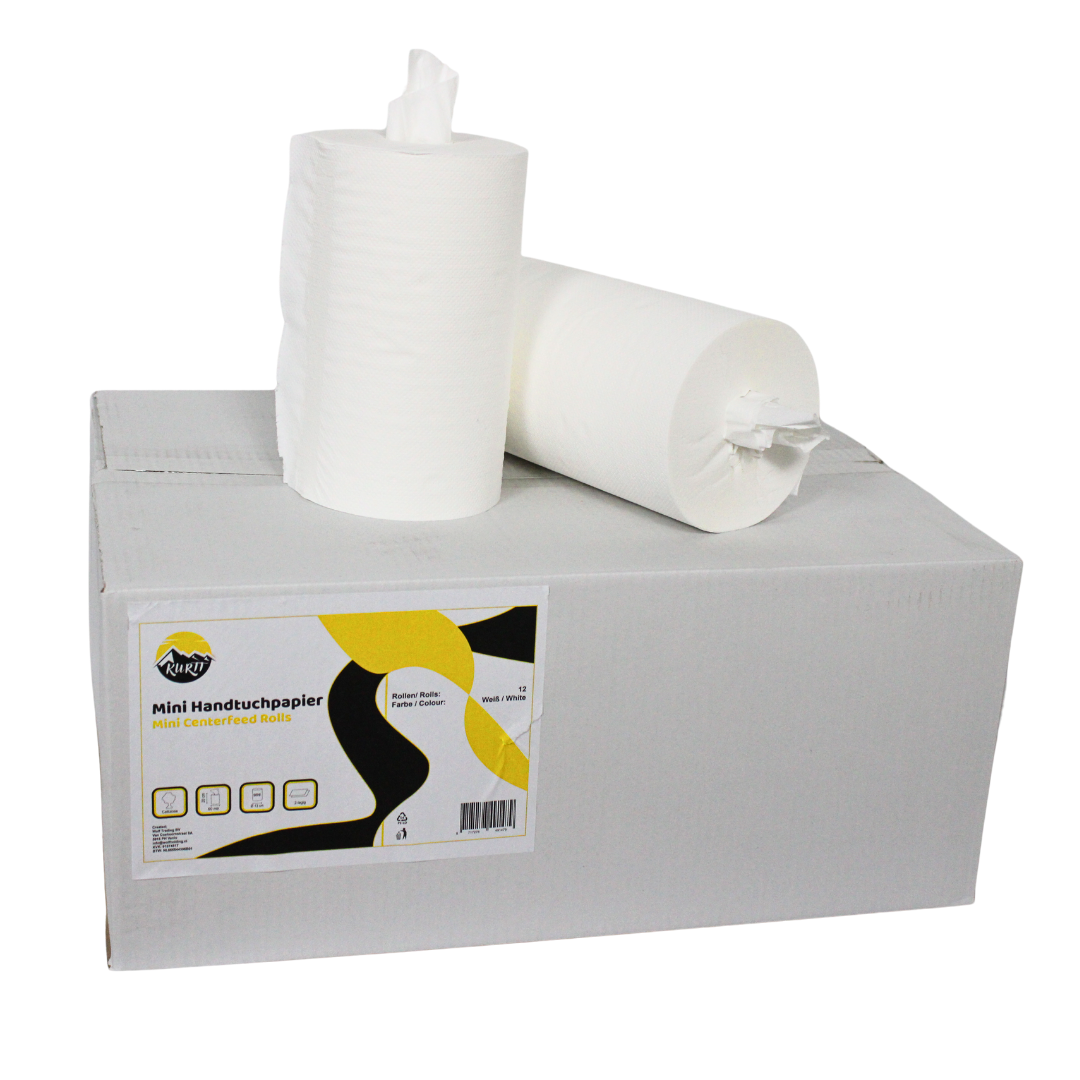12 Mini Cleaning Rolls, tubeless, 60 meters, 2-ply, 12 cleaning papers per pack, also handy as kitchen roll