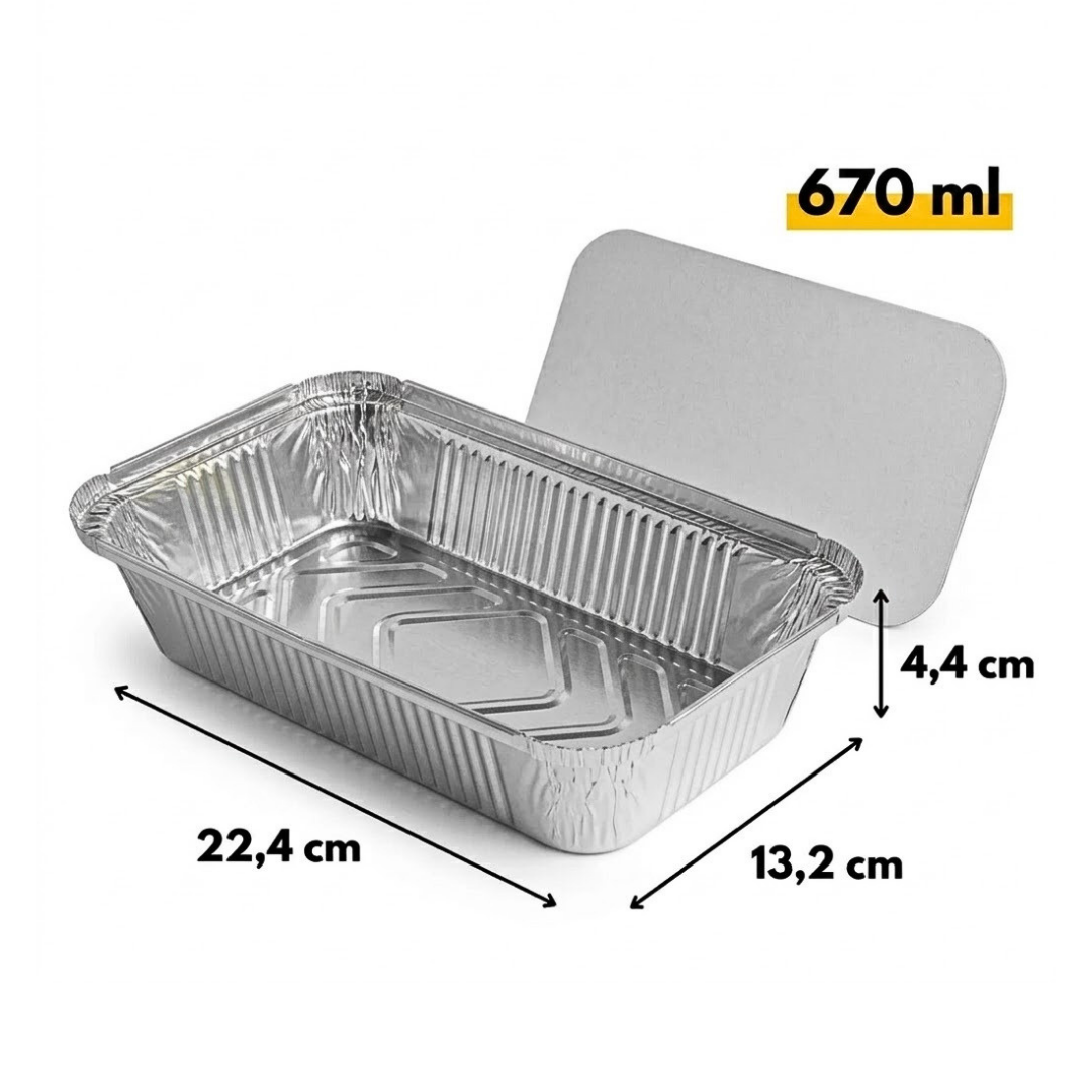 Barquettes Aluminium 670L avec Couvercle – 100 Pièces | 22x13x4,4cm | Four Airfryer Barbecue