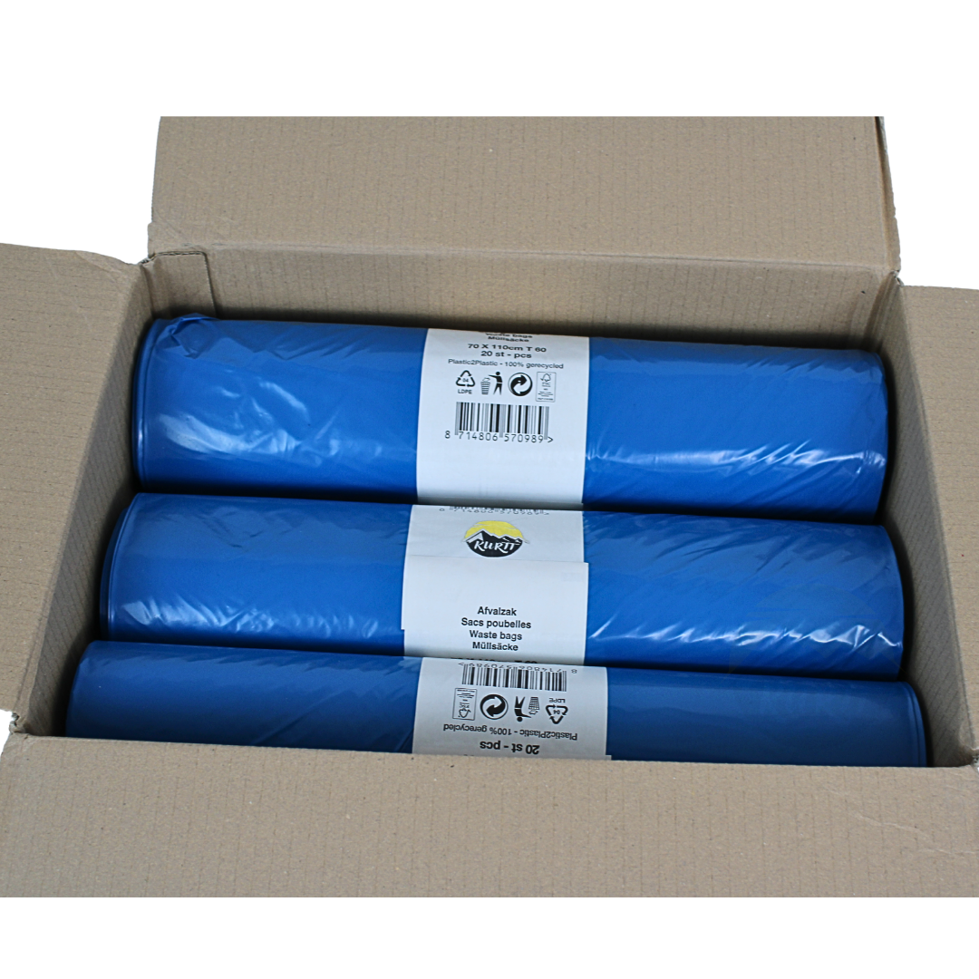 Sacs Poubelle LDPE 70x110cm (120L) Bleus Type 60 En Rouleau | 200 Pièces