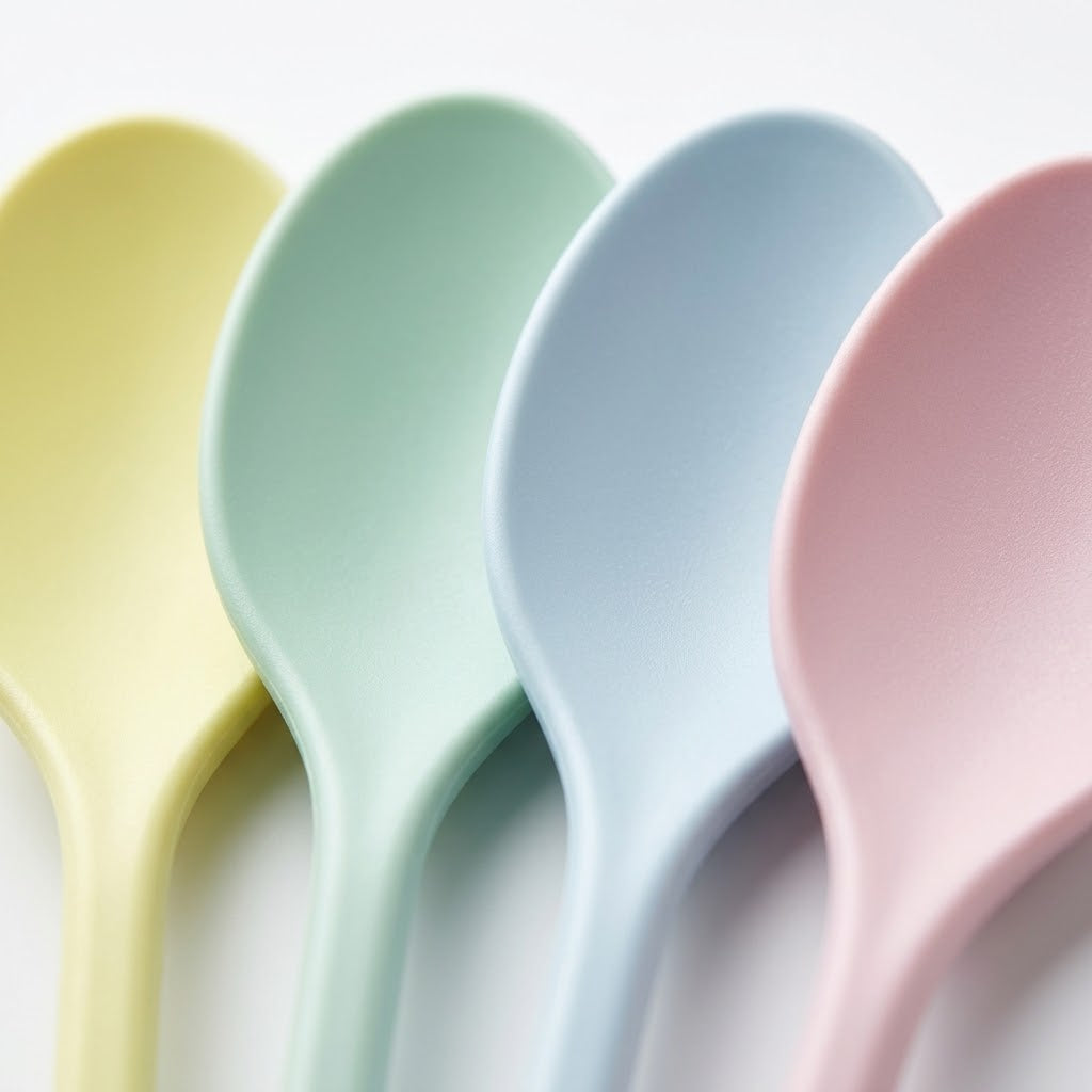 Close-up van herbruikbare lepels in vier pastelkleuren