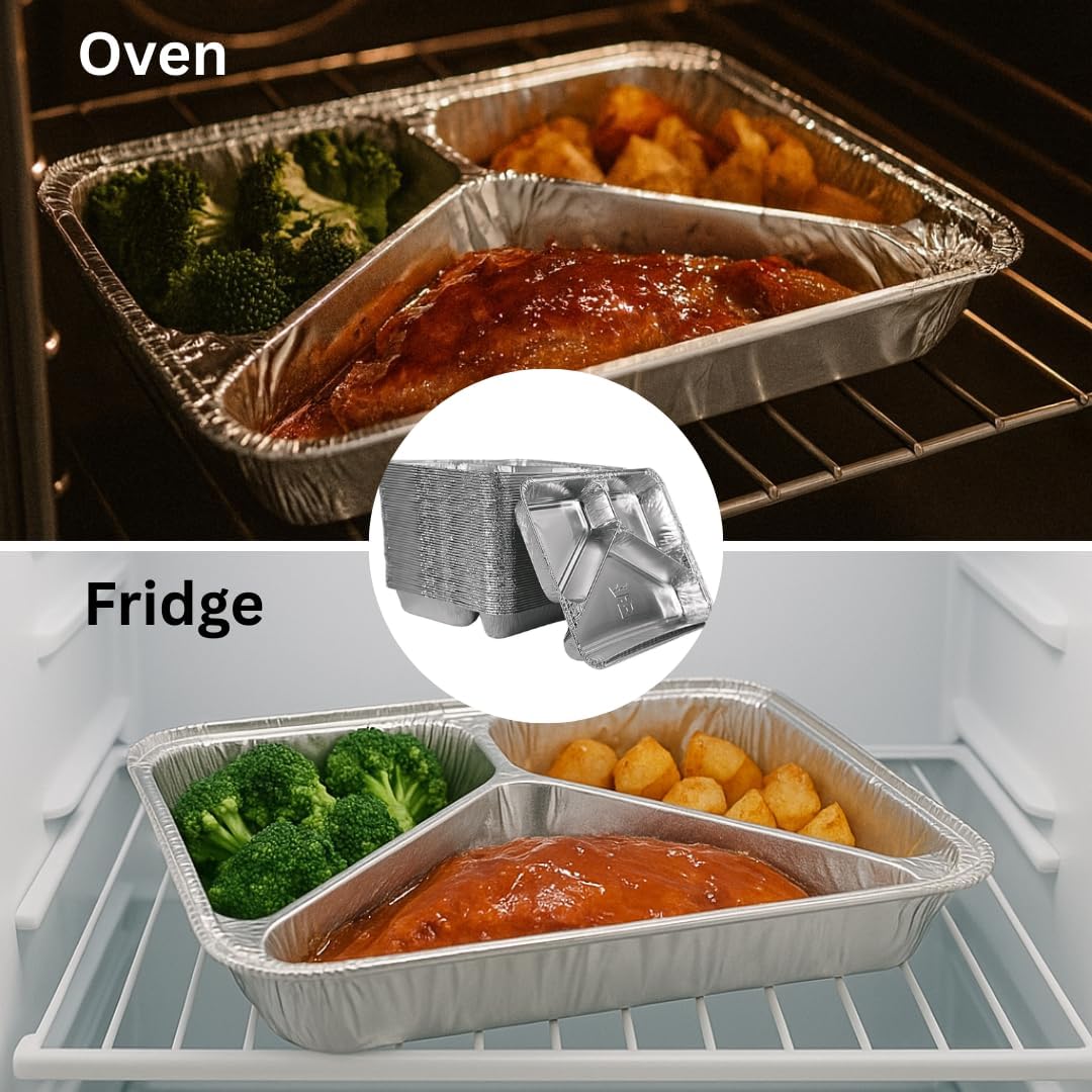 Barquettes Alu Menu 3 Compartiments avec Couvercle 22x17x4cm | 100 Pièces | Catering Meal Prep