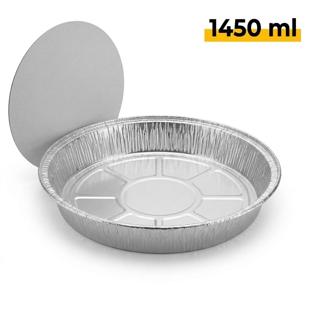 Barquettes Aluminium Rondes 23 cm avec Couvercle – 1450 ml – 100 Pièces | C803L Tourtière Four Traiteur Barbecue