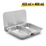 Barquettes Alu Menu 2 Compartiments 450+400ml avec Couvercle – 100 Pièces | Catering Meal Prep Livraison