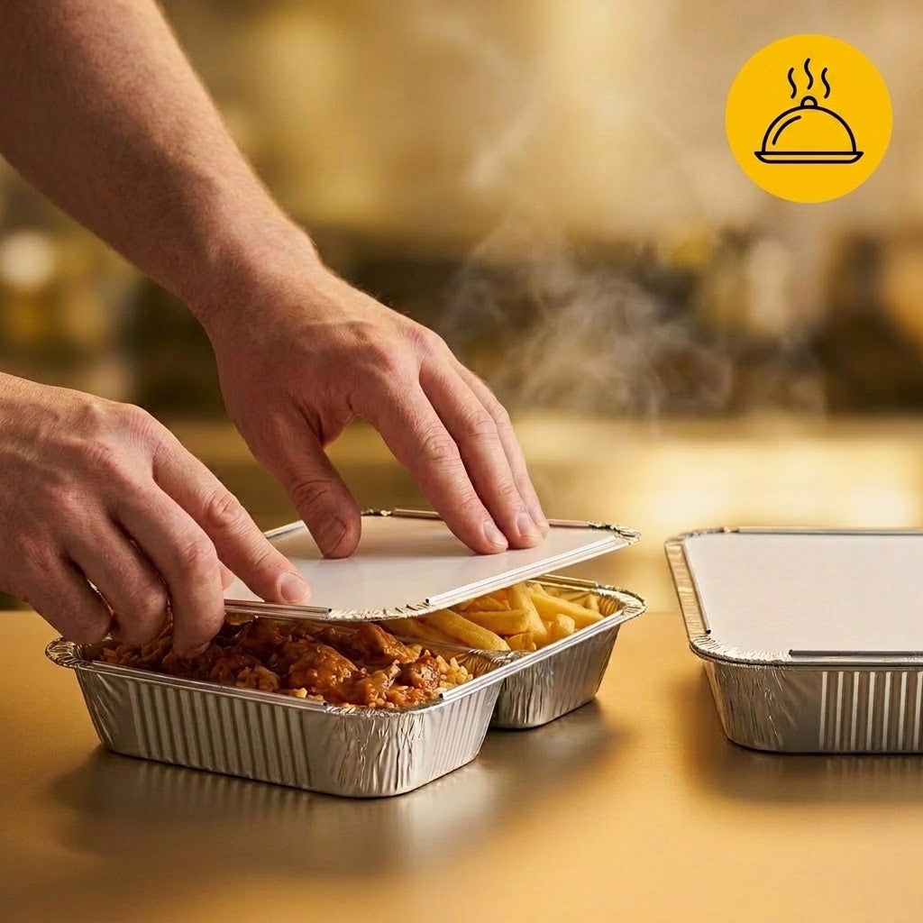 Barquettes Alu Menu 2 Compartiments 450+400ml avec Couvercle – 100 Pièces | Catering Meal Prep Livraison