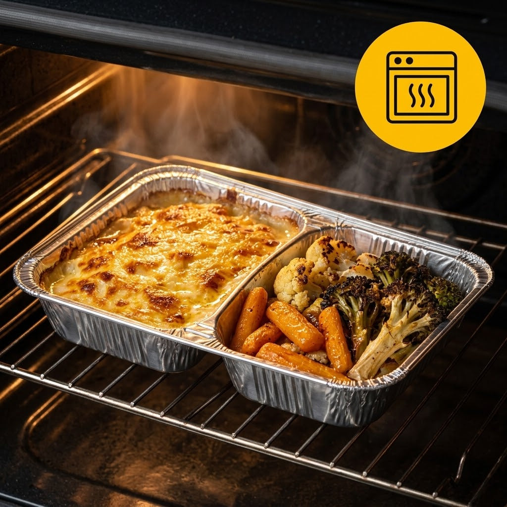 Barquettes Alu Menu 2 Compartiments 450+400ml avec Couvercle – 100 Pièces | Catering Meal Prep Livraison