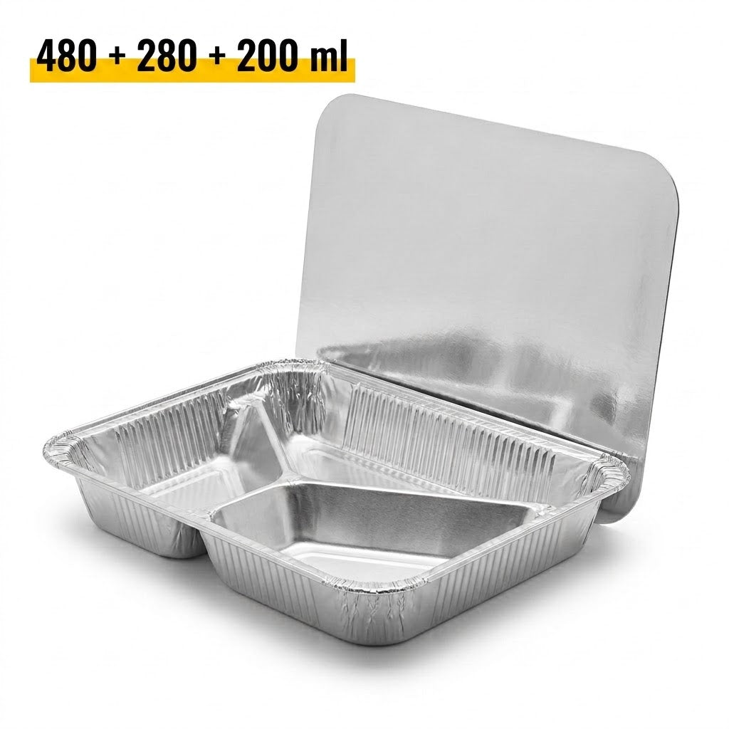Barquettes Alu Menu 3 Compartiments avec Couvercle 22x17x4cm | 100 Pièces | Catering Meal Prep