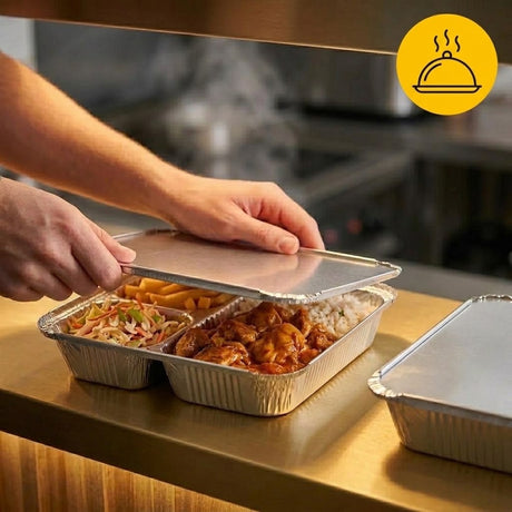 Barquettes Alu Menu 3 Compartiments avec Couvercle 22x17x4cm | 100 Pièces | Catering Meal Prep