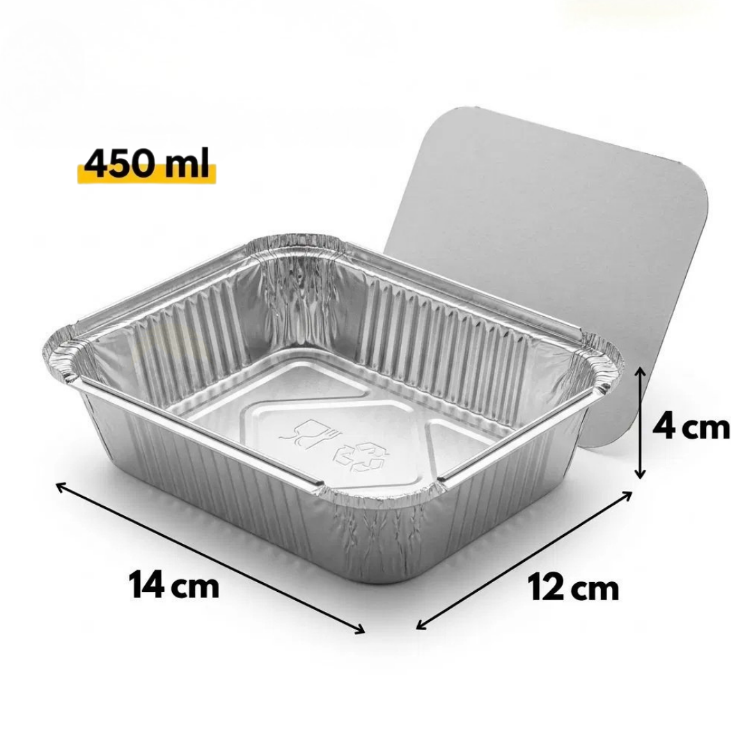 Barquettes Aluminium 450ml 14x12cm Couvercle – 100 Pièces | Four Airfryer Barbecue Congélateur