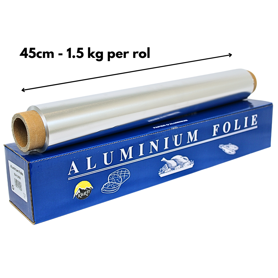 Aluminiumfolie 45 cm (14 micron) + cutterbox, extra sterk 1.6kg per rol folie