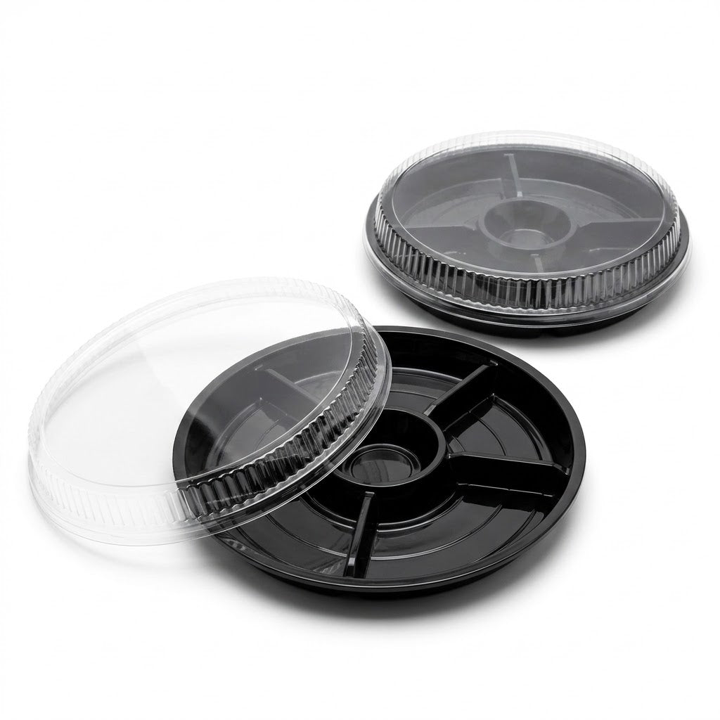 Assiette à Fondue Gourmet 5 Compartiments Ronde Noire 257mm Avec Couvercle | 10 Pièces
