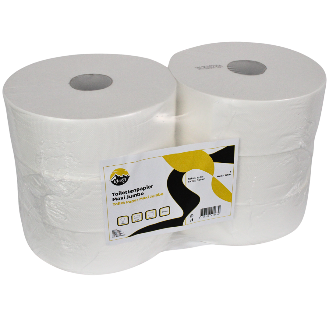 Maxi Jumbo toilet paper 380M, approx. 1000 sheets, 6 large rolls of 2-ply cellulose toilet paper, suitable for dispensers.