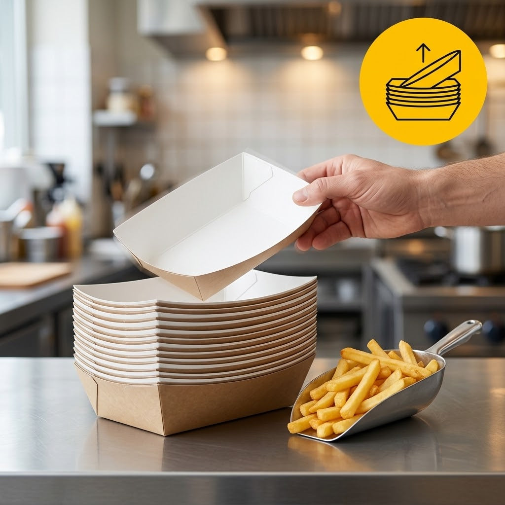 Frietbakjes A14 Karton Kraft/Wit – 150 × 85 × 43 mm | Snackbakje Extra Ruim