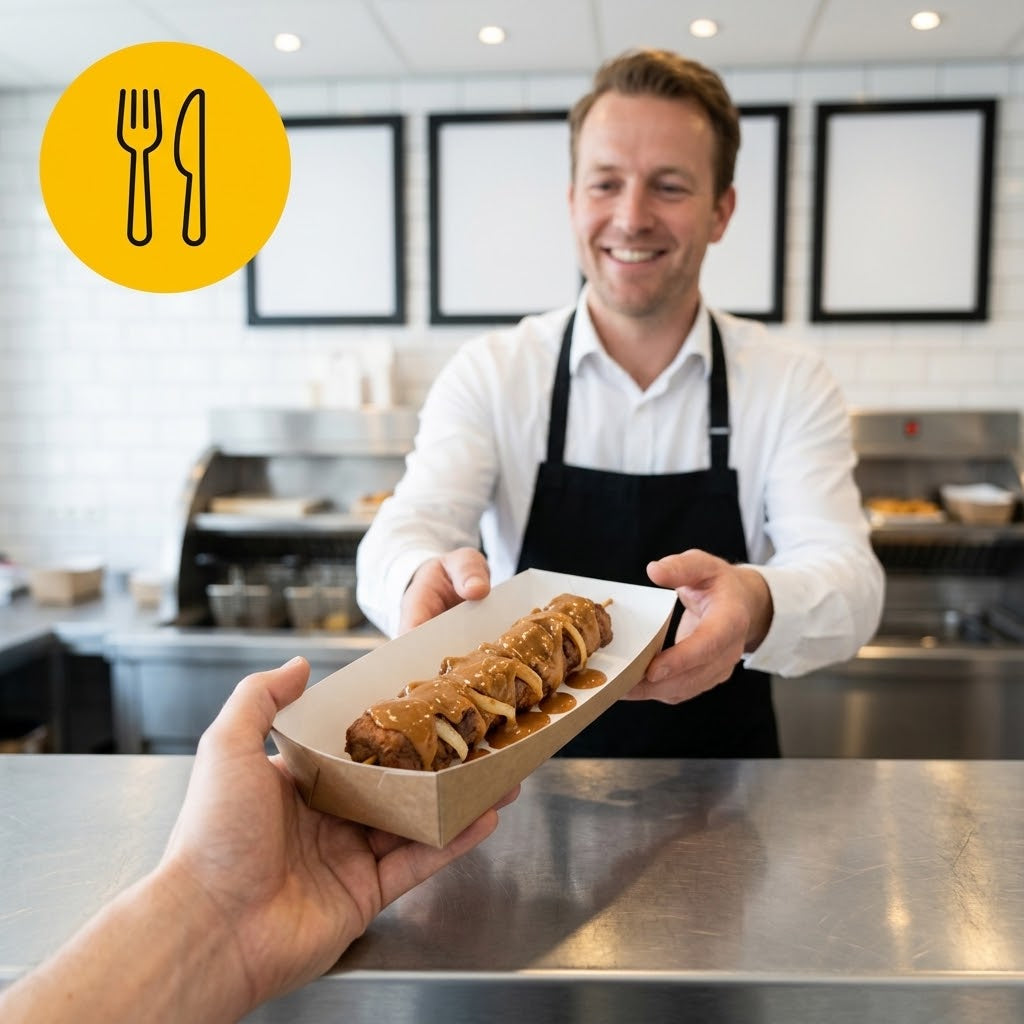 Frikandelbakjes Breed A18 Karton Kraft/Wit – 185 × 65 × 35 mm | Frikandel Speciaal