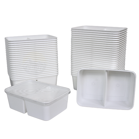 Magnetronbakjes 2-vaks met deksel 100 stuks - meal prep bakjes - stevig en flexibel - vershoudbakjes - wit