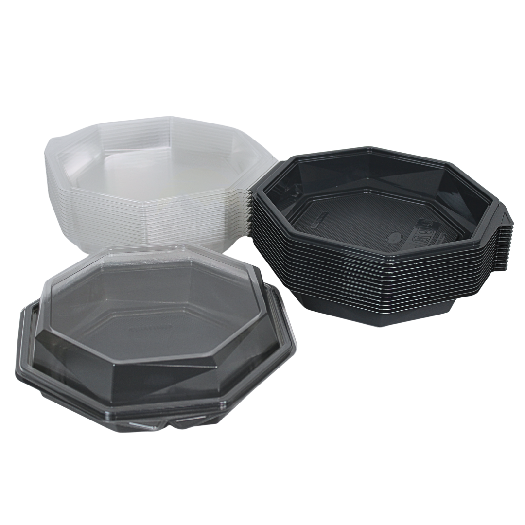  Barquettes APET Octaview Grises 190x60mm avec Couvercle Transparent 640ml – 40 Pièces | Salades Bowls Desserts 
