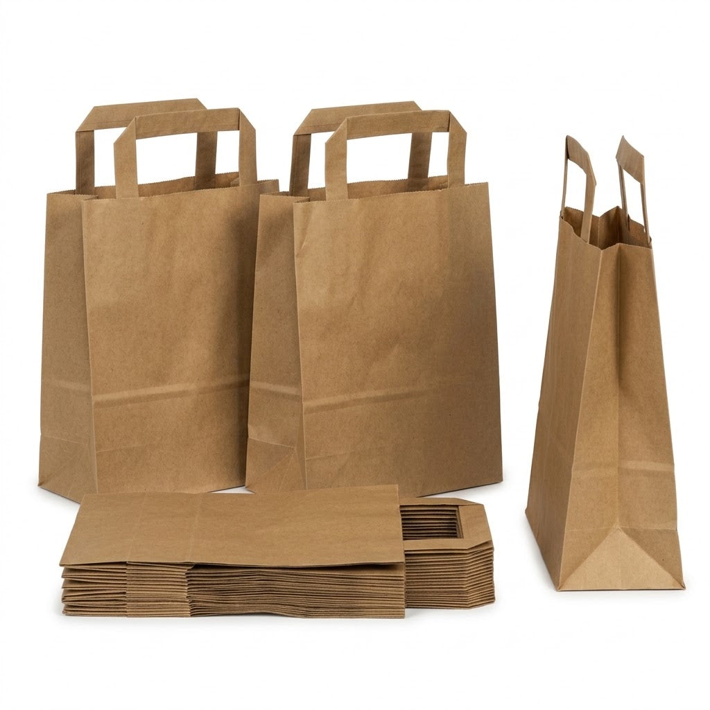 Sacs Kraft Brun Poignées Plates 22x10x28cm – 50/100/250 Pièces | Boulangerie Traiteur Vente à Emporter