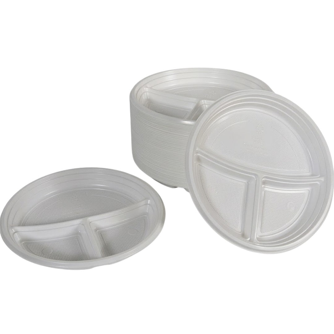 Assiette Plastique Réutilisable PP Blanche 22cm 3 Compartiments – Incassable Lave-vaisselle Buffet | 100 Pièces