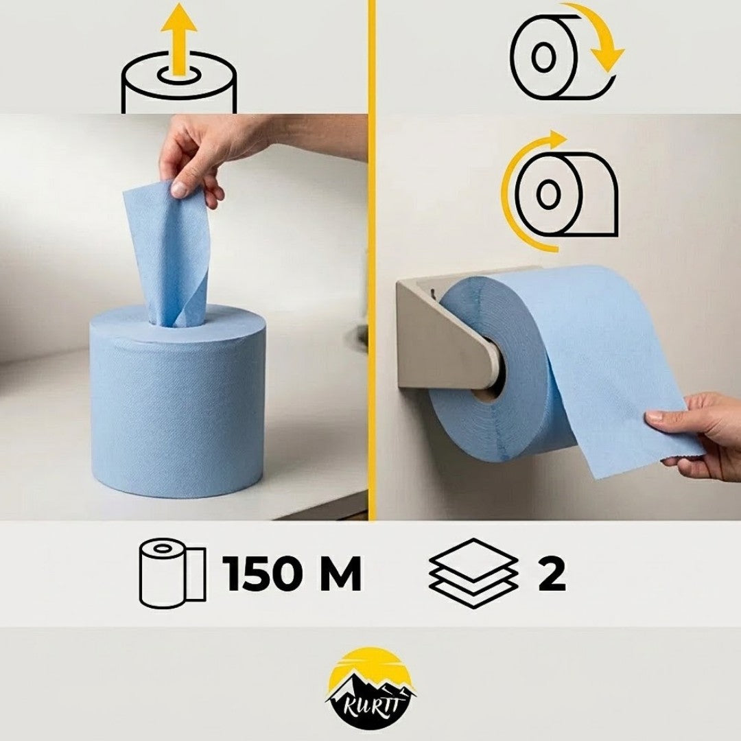 KURTT Bobines d'essuyage midi bleues 2 plis 150 m – Lot de 6 | Essuyage Professionnel Alimentaire