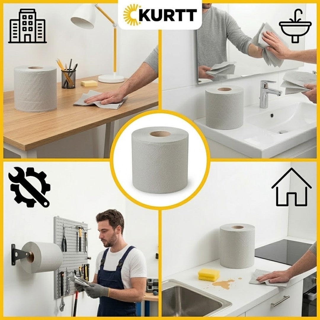 KURTT Bobine Essuyage Midi Gris 1 Pli Recyclé 300m Centerfeed 6 Rouleaux