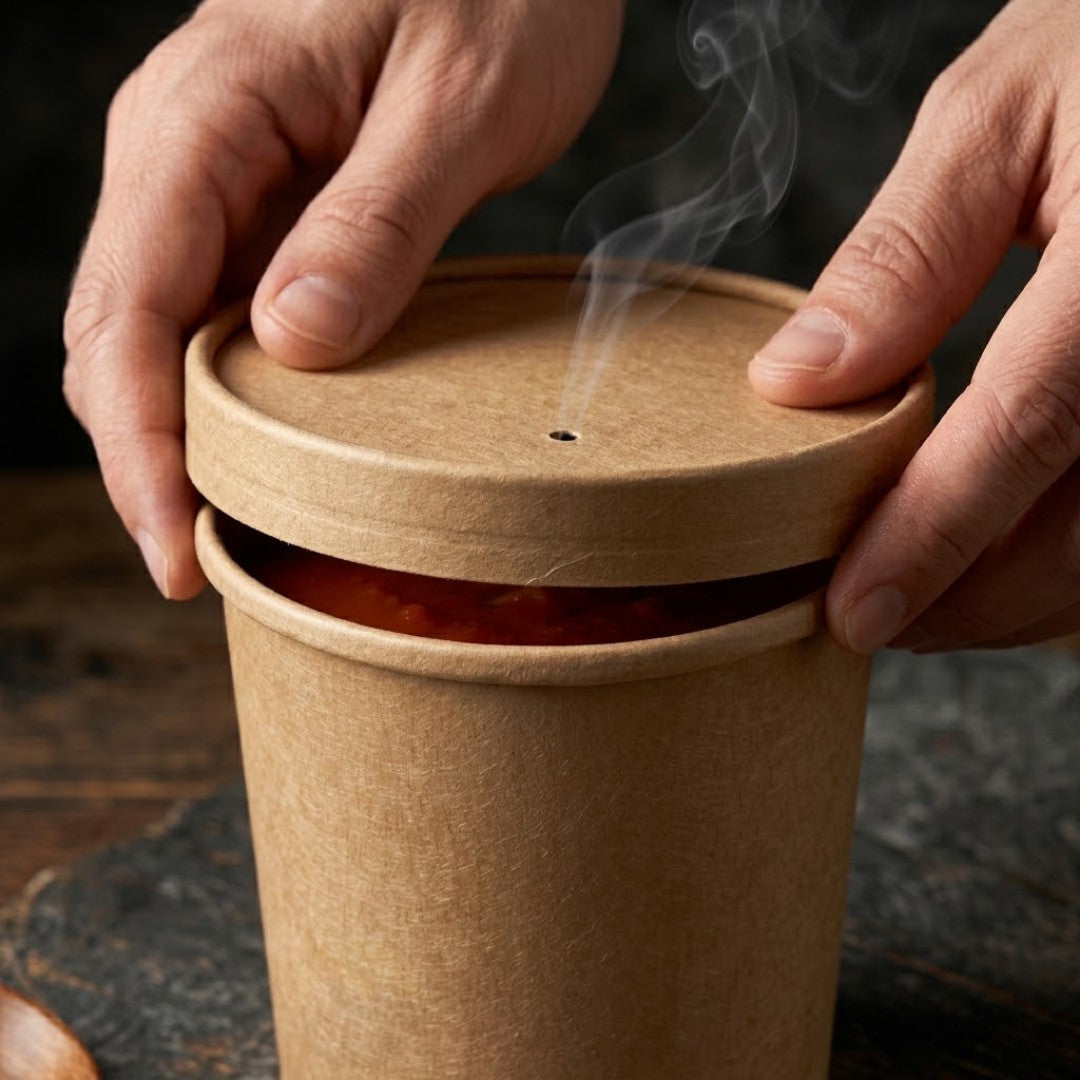 Pot à Soupe Carton Kraft 500 ml 16oz avec Couvercle – Carton de 100 | Jetable Portion Repas Soupe Pâtes Plats Chauds Vente à Emporter