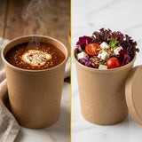 Pot à Soupe Carton Kraft 500 ml 16oz avec Couvercle – Carton de 100 | Jetable Portion Repas Soupe Pâtes Plats Chauds Vente à Emporter