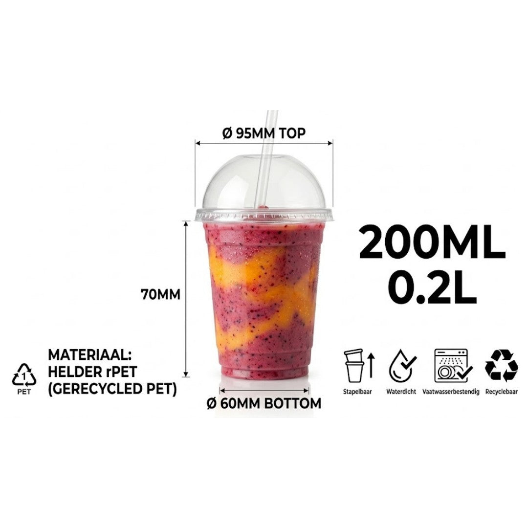 Gobelets Smoothie PET 20cl – 100 pièces | Couvercle Dôme Inclus Milkshake Frappé | Éco-contribution Incluse