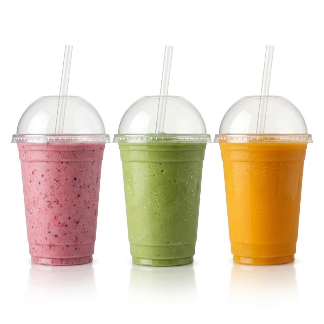 Gobelets Smoothie PET 20cl – 100 pièces | Couvercle Dôme Inclus Milkshake Frappé | Éco-contribution Incluse