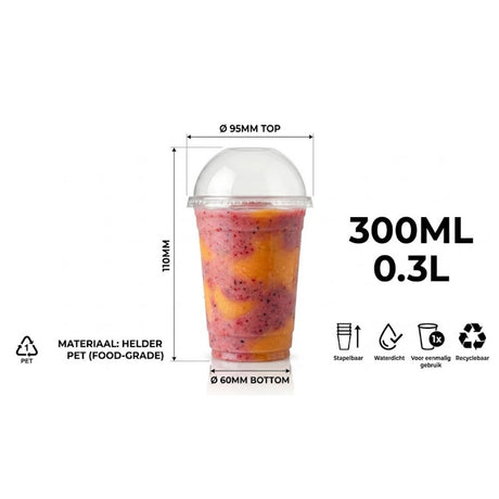 Gobelets Smoothie Transparents PET 300ml avec Couvercle Dôme – 100 unités | Boissons Froides Milkshake Café Glacé Jetable