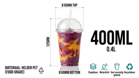 100x Gobelets à smoothie avec couvercle 400ml transparent en plastique