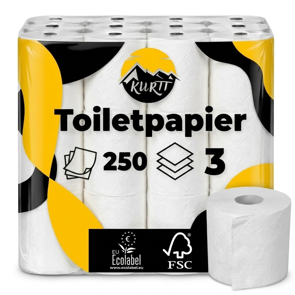 KURTT Papier Toilette 3 Plis Cellulose 250 Feuilles ECO – 24/56 Rouleaux | Doux Absorbant Soluble